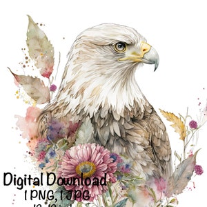 Eagle clipart, Eagle Bird Portrait Spring Flowers PNG, Beautiful Eagle PNG Spring Flowers Sublimation Independence Day 4th Of July Printable