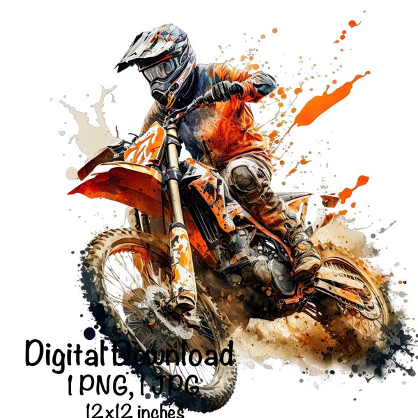 Motocross Watercolor, Orange Motocross Bike Boys Clipart Off-Road Motorcycle PNG Commercial Use Racing Motocross PNG Watercolor Illustration