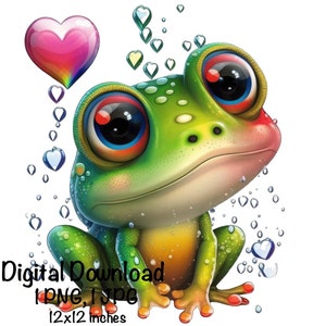 May include: A cartoon frog with big, blue eyes and a pink heart above its head. The frog is green with yellow spots and is sitting on a white background with blue and pink hearts floating around it. Digital Download PNG, JPG 12x12 inches.