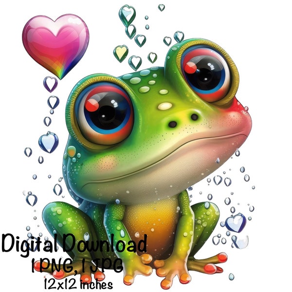 Cute Frog clipart, Swamp Animals Frog Hearts Rainbow Colors PNG, Frog Water Bubbles Hearts Sublimation Transparent PNG Frog Printable Print