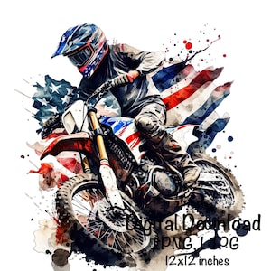 May include: A watercolour illustration of a motocross rider wearing a helmet and riding a dirt bike. The rider is in front of an American flag with red, white, and blue colours. The image is 12x12 inches.