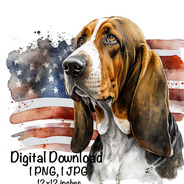 Bassett Hound Dog Flag PNG Patriotic USA Dog Flag Clipart American Dog Commercial Use Transparent Clipart Flag Sublimation US Bassett Hound
