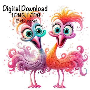 May include: Two cartoon birds with pink, orange, and blue feathers. The birds have large eyes and are smiling. The background is white with pink dots.
