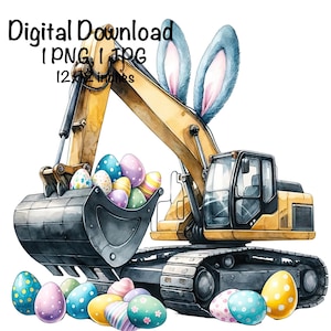 Könnte beinhalten: Ein gelber Bagger mit blauen Hasenohren gräbt einen Haufen bunter Ostereier aus. Der Schaufel des Baggers ist voll mit Eiern, und weitere Eier liegen um die Basis der Maschine herum.
