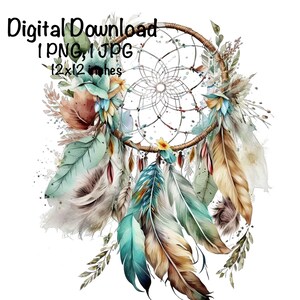 May include: Watercolor illustration of a dreamcatcher with feathers in shades of brown, teal, and green. The dreamcatcher is decorated with small flowers and beads. The background is a white watercolor wash.