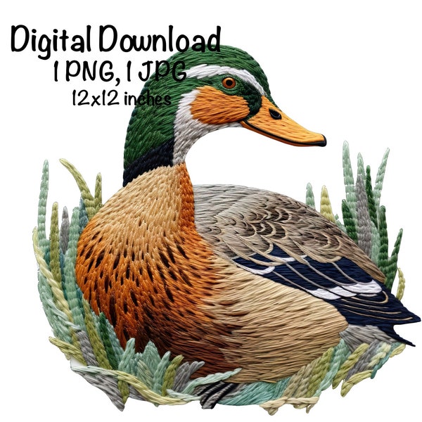Mallard Duck Embroidery PNG Wild Duck Clipart Wall Art Mallard Duck PNG Commercial Use Dabbling Duck Embroidery Illustration Cute Duck Print