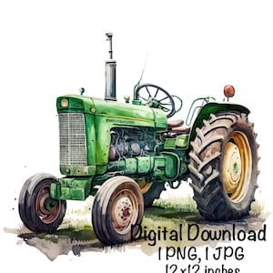 Farm Tractor Watercolor, Green Tractor Boys Clipart Nursery Décor Farm Tractor PNG Commercial Use Farming Vehicles Watercolor Illustration