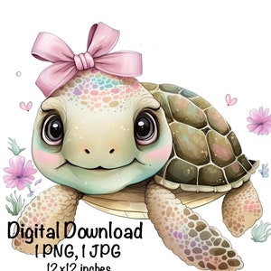 May include: A cute cartoon sea turtle with a pink bow, wearing a shell with a rainbow pattern. The turtle is surrounded by flowers and has a friendly expression.