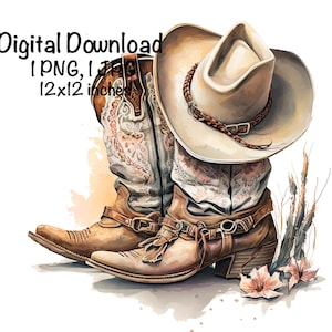 Cowgirl Boots & Hat Watercolor, Country Cowgirl Clipart PNG Commercial Use Sublimation Designs Country Girl Watercolor Illustration PNG, JPG