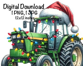 May include: A green tractor wearing a red Santa hat and decorated with colorful Christmas lights. The tractor is 12x12 inches.