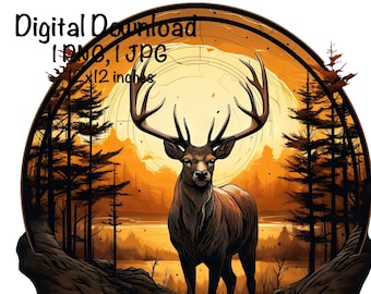 May include: A digital illustration of a deer standing in a forest with a sunset in the background. The deer is brown and has large antlers. The forest is made up of tall, thin trees. The sunset is orange and yellow.