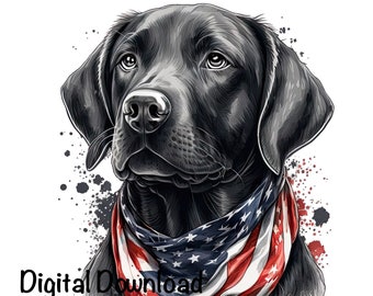 May include: A digital download of a black Labrador Retriever wearing a bandana with an American flag design. The image includes the text "Digital Download 1 PNG, 1 JPG 30.48x30.48 cm."