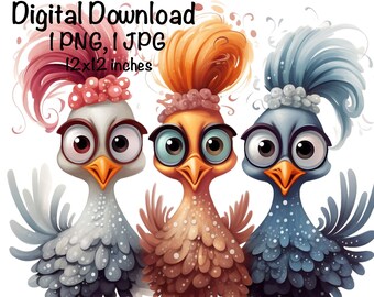 May include: Three cartoon chickens with different colored feathers and glasses. The chicken on the left has pink and white feathers, the middle chicken has orange feathers, and the chicken on the right has blue feathers.
