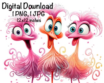 Funny Flamingo PNG, Cute Flamingo PNG Sublimation, Three Crazy Flamingos png, Commercial Use Bird Life, Digital Download, Flamingo Chick PNG