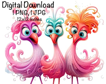 Funny Flamingo PNG, Cute Flamingo PNG Sublimation, Three Crazy Flamingos png, Commercial Use Bird Life, Digital Download, Flamingo Chick PNG