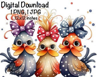 Funny Chicken PNG, Cute Chicken PNG Sublimacja, Three Crazy Chickens png, Komercyjne zastosowanie, Życie na farmie, Pobieranie cyfrowe, Chicken Chick PNG