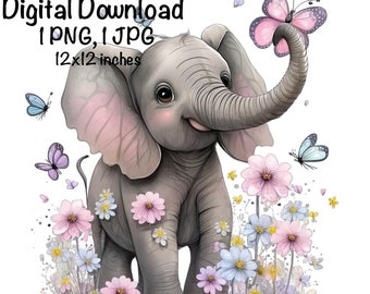 Elephant, Cute Elephant clipart, Safari Animals Elephant PNG, Elephant Butterflies Flowers Sublimation Elephant Printable Zoo Jungle Animals