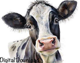 Dairy Milk Cow Watercolor Clipart Highland Black & White Cow PNG Commercial Use Farm Milk Cow Graphic Dairy Cattle Design Illustration Print