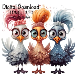 May include: Three cartoon chickens with different colored feathers and glasses. The chicken on the left has pink and white feathers, the middle chicken has orange feathers, and the chicken on the right has blue feathers.