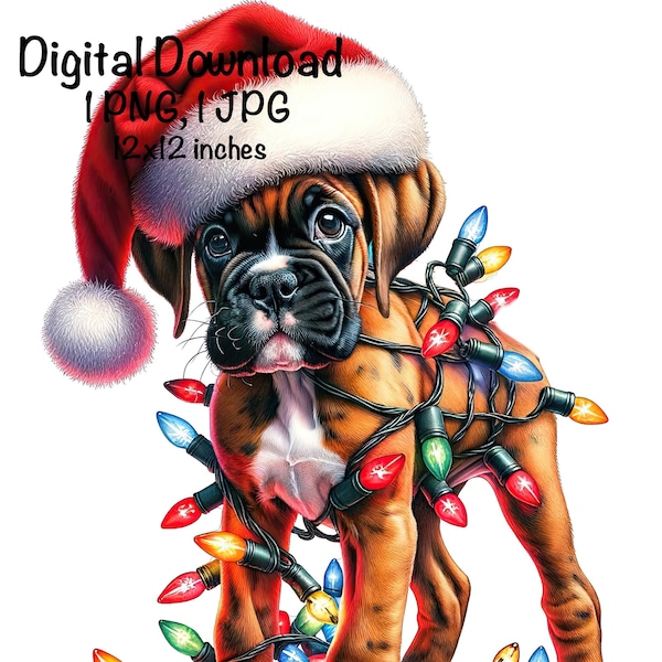 Christmas Boxer Puppy PNG Christmas Lights Santa Boxer Sublimation Cute Boxer Dog Baby Boxer png GPS Puppy Boxer Christmas Gifts Boxer PNG