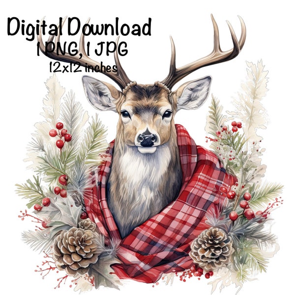 Christmas Deer PNG Christmas Deer Sublimation Holiday PNG Christmas Gifts Hunting Christmas Graphic Plaid XMas PNG Illustration Deer Print