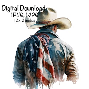 American Cowboy PNG, Country Cowboy Clipart PNG Digital Download Cowboy Sublimation, Country Patriotic Cowboy US Flag Watercolor png Western