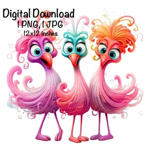 May include: Three cartoon birds with pink, blue, and orange feathers. The birds have large eyes and are standing side by side. The background is white.