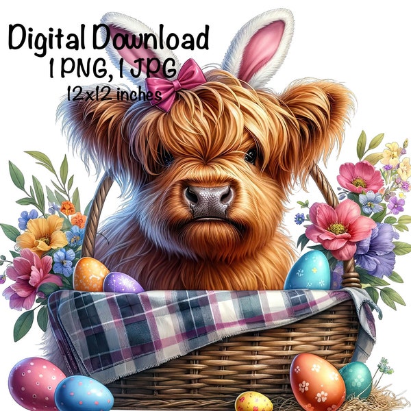 Easter Highland Cow Sublimation PNG Highland Cow Easter Eggs Flowers Holiday PNG Commercial Use Scottish Cow PNG Easter Illustration Print