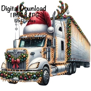 Könnte beinhalten: Ein weißer Sattelzug, der für Weihnachten mit einem roten Weihnachtsmann-Hut, Girlanden und Lichtern geschmückt ist. Der LKW ist 12x12 Zoll groß.