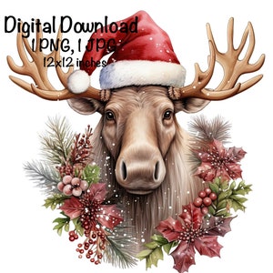 Christmas Moose PNG Holiday Flowers PNG Commercial Use Moose Graphic Elk png Design Animals Flowers Clipart Xmas Moose Sublimation DTF Print