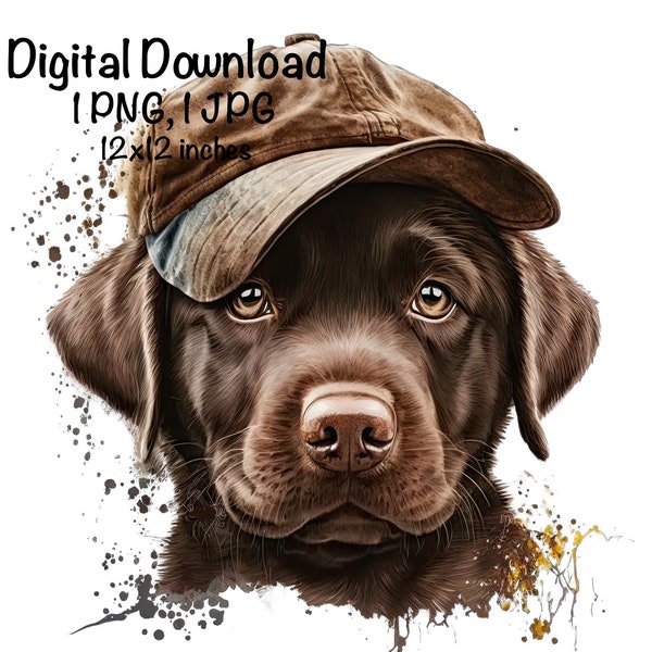 Cute Labrador Watercolor Clipart Cute Lab Wearing a Hat Choclate Labrador PNG Commercial Use Melanin Puppy Dogs Graphics Illustration Print
