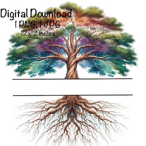 May include: A digital download of a colorful tree with roots, perfect for creating personalized art or crafts. The tree is 12x12 inches and comes in PNG and JPG formats.