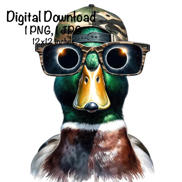 Solar Eclipse Mallard Duck PNG | Duck Hunting & Eclipse Glasses PNG | Hunter Eclipse Sublimation | Camo Hat Eclipse Mallard Duck Hunting png