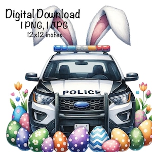May include: A white police car with bunny ears on top. The car is surrounded by colorful Easter eggs. The car has the word "POLICE" written on the front.