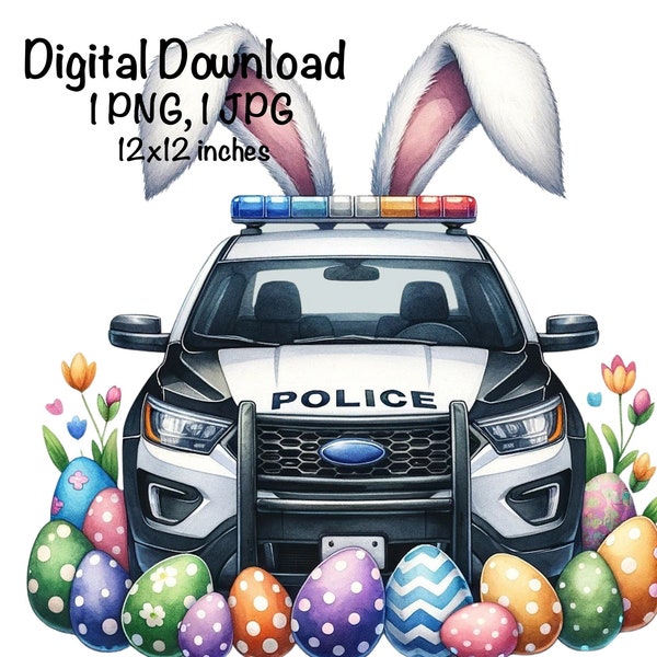 Happy Easter Police Car PNG Policeman Police Car Vehicle Clipart Easter Eggs Police Car PNG Police Car png Sublimation, Bunny Police Car png