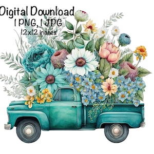 Rustic Teal Farm Truck Spring Flowers Rustic Truck Country Farm Sublimation Design Old Farm Truck PNG Commercial Use Clipart Farmer Barnyard