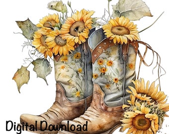 Cowgirl Boots & Sunflowers Watercolor Country Cowboy Clipart PNG Commercial Use Sublimation Designs Country Flowers Watercolor Illustration