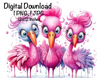 Funny Flamingo PNG, Cute Flamingo PNG Sublimation, Three Crazy Flamingos png, Commercial Use Bird Life, Digital Download, Flamingo Chick PNG