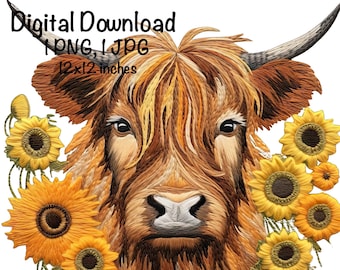 Highland Cow Embroidery PNG Farm Highland Cow & Sunflowers Art Scottish Cow PNG Commercial Use Highland Cow Embroidery Illustration Print
