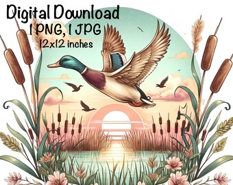 May include: A digital download of a 12x12 inch image featuring a mallard duck flying over a lake at sunset. The image is surrounded by cattails and wildflowers.