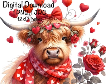 Highland Cow Valentine's Day PNG Happy Valentine Highland Cow Hearts Rose Flowers PNG Commercial Use Scottish Cow Download Design