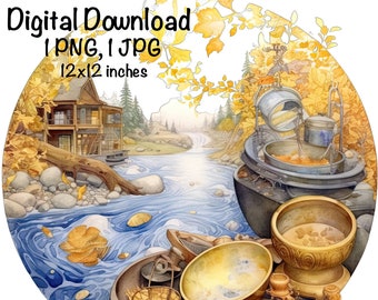 Lavado de oro PNG Minería de oro Clipart Lavado de oro al aire libre Acuarela Tamizado de minerales Prospección Sublimación Uso comercial Arte de la fiebre del oro