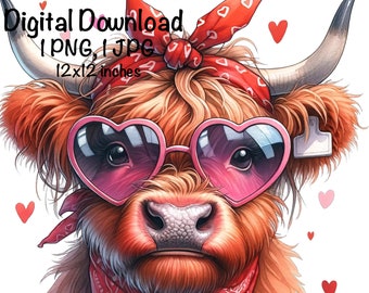 Highland Cow Valentine's Day PNG Happy Valentine Highland Cow Hearts Funny Valentine Cow PNG Commercial Use Scottish Cow Download Design