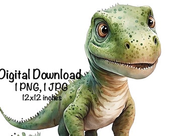 May include: A watercolor illustration of a green dinosaur with brown eyes. The dinosaur is standing on a white background with a few blue and green watercolor splatters.
