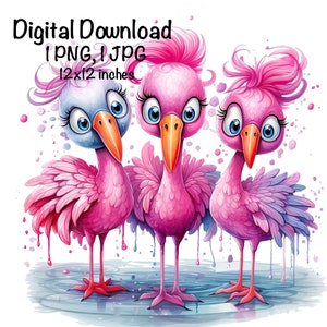May include: Digital download of three cartoon flamingos with pink and blue feathers, orange beaks, and large eyes. The image includes the text "Digital Download 1 PNG, 1 JPG 12x12 inches."