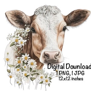 Dairy Milk Cow Watercolor Clipart Highland Cow Daisy Flowers PNG Commercial Use Farm Milk Cow Graphic Dairy Cattle Design Illustration Print