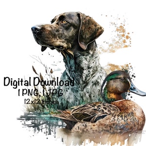 以下が含まれることがあります： 茶色と白のジャーマン・ショートヘアード・ポインター犬と、緑がかった青と茶色のアヒルを描いた水彩画。犬は左を見て、アヒルは右を見ている。背景は、茶色、緑、青の水彩画で描かれている。