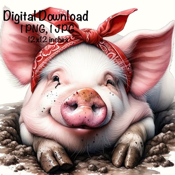 Farm Pig Watercolor Clipart Cute Farm Pig Red Bandana Baby Pig PNG Commercial Use Piglet Pig Graphic Design Illustration Farm Pig Print PNG