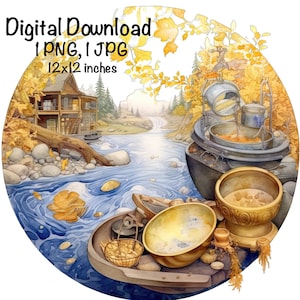 May include: A watercolor painting of a river scene with a wooden cabin in the background. The river is flowing through a forest and there are leaves on the water. There are also several golden bowls and a basket on the riverbank.
