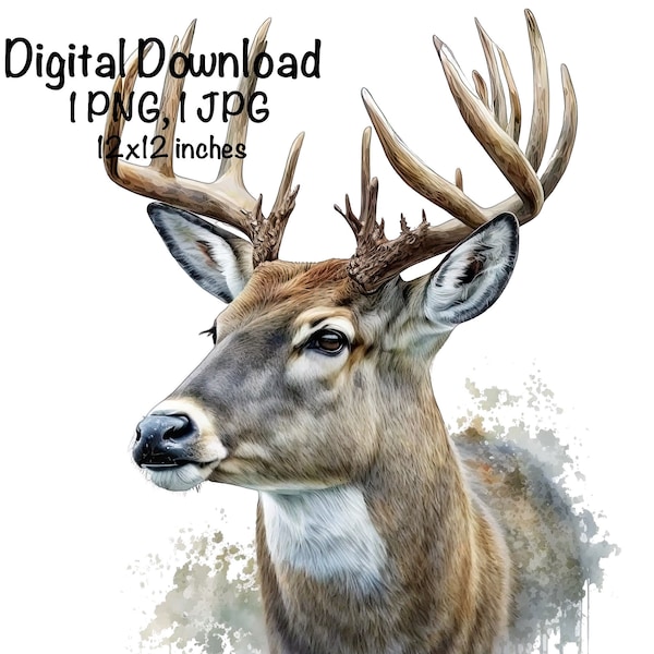 Deer Watercolor Clipart, Whitetail Deer PNG, Commercial Use Deer Hunting PNG, Deer Hunter Sublimation, Buck Forest Animals Digital Download